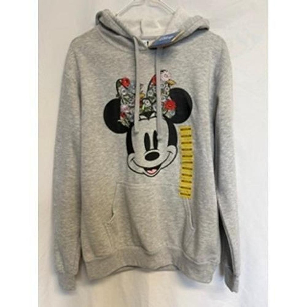 Disney Minnie Mouse Floral Graphic Hoodie Heather Gray Sweatshirt MD Embriodered
